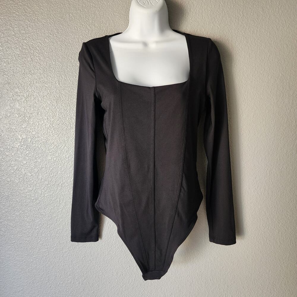 House of Harlow 1960 Black Long Sleeve Squareneck Corset Seam Bodysuit